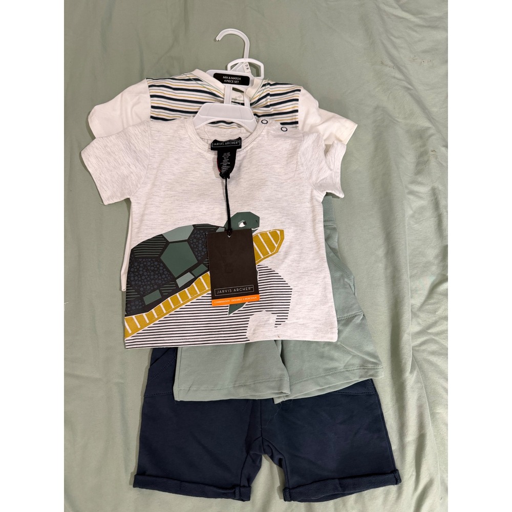 Jarvis Archer Baby Boy 4 Piece Mix Match Set Turtle Striped Tees Shorts 12M NWT